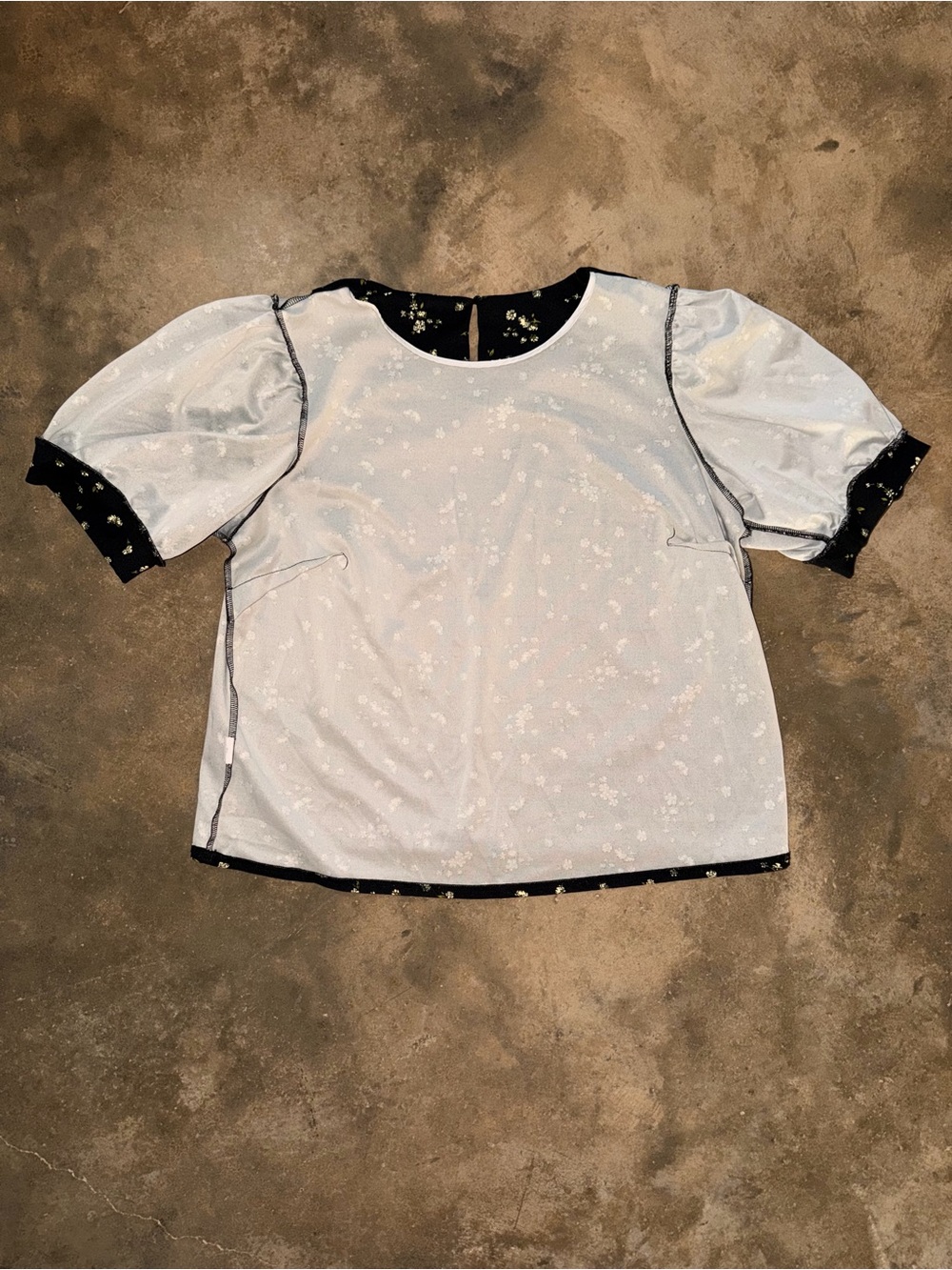 MelloDay Black Floral Puff Sleeve Blouse XL Cottagecore Peasant Top - Picture 6 of 9